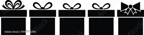 Black silhouette gift boxes with bows set, festive present icons collection isolated on white background for holiday celebration decoration design