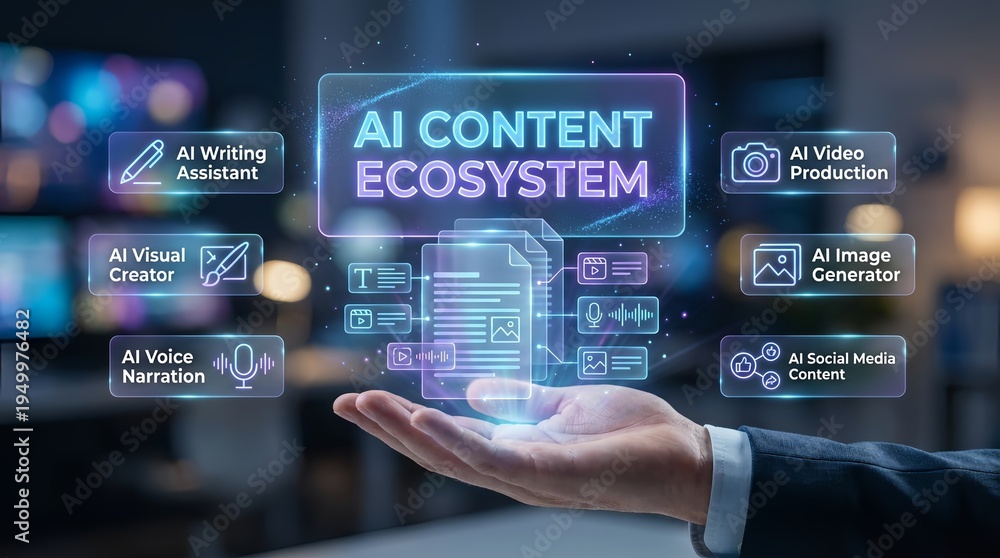 Fototapeta premium A hand in a business suit holds a glowing digital interface with AI Content Ecosystem and various related icons in a modern office setting