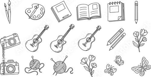 Collection of hand-drawn icons representing hobbies and creative pursuits