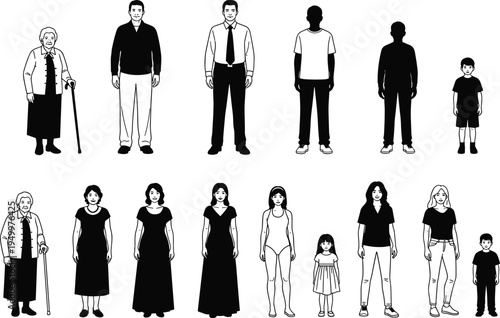 Human life stages silhouette set showing male and female aging process from child to elderly isolated vector illustration