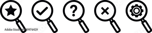 Magnifying glass icons with various symbols