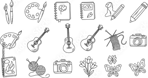 Collection of doodle art icons representing hobbies and creative pursuits like painting, music, and crafting