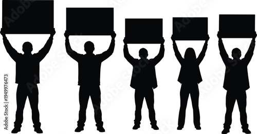 People Holding Blank Sign Board Silhouettes Protest Demonstration Concept Black and White Vector Illustration Activist Banner Placard Collection