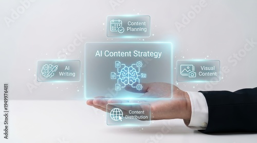 A hand in a business suit presenting an AI content strategy on a glowing digital screen with related icons