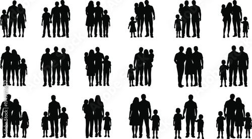 Family silhouettes collection parents children standing together happy family people group mother father kids vector illustration set