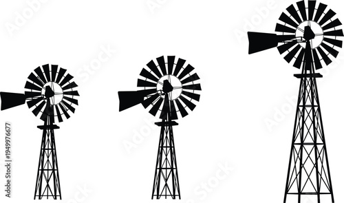 Windmill water pump silhouette set vintage farm wind turbine isolated vector illustration representing rural agriculture energy and countryside technology