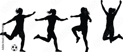 Soccer player silhouettes women football athletes running jumping kicking ball sports action female players vector illustration set