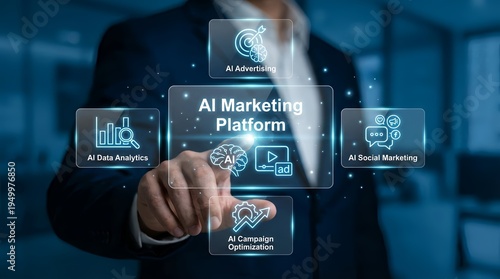 A businessman interacts with an AI marketing platform on a futuristic interface in a modern office setting with various data analytics and optimization tools