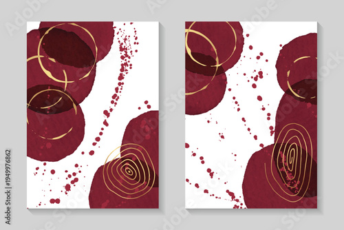 Modern abstract design with red watercolor circle wine stains and gold.Wedding invitations, greeting and business cards, rsvp templates.