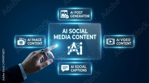 A hand interacting with a futuristic AI social media content interface on a dark blue background with glowing blue text boxes and icons.