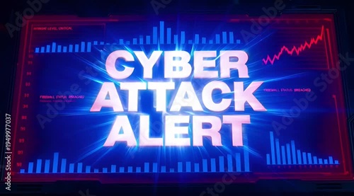 Cyber Attack Alert HUD Interface with Data Grids, Charts, and Firewall Status Breached Message