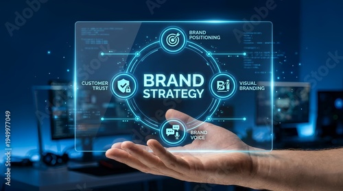 A person holds a transparent screen with brand strategy information in a modern office setting with computers and blue lighting