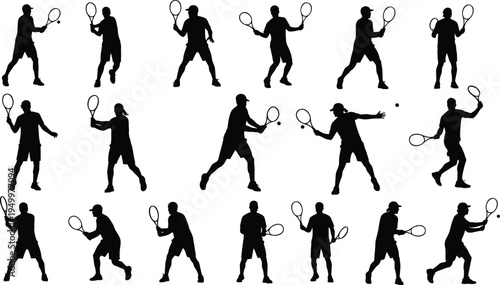 Tennis player silhouettes set men athletes playing tennis racket swing serve sport action vector illustration collection