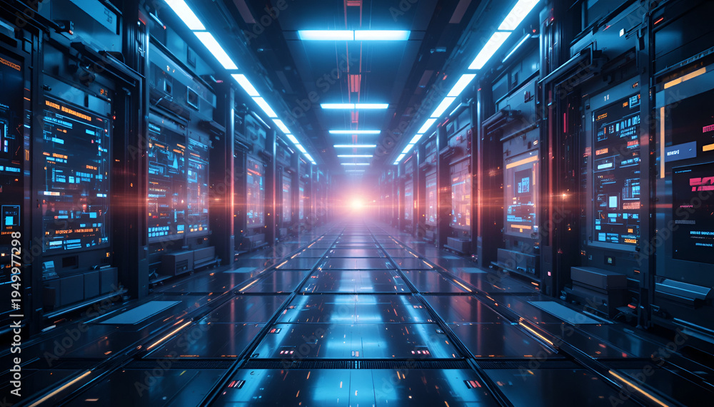 Obraz premium Futuristic server room with glowing blue lights and rows of computer servers in a dark high tech data center environment with a bright light at the end