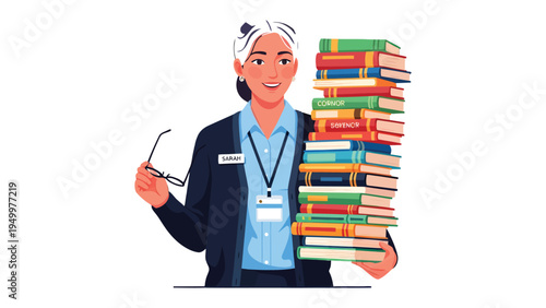 Literary Embrace: A studious woman, armful of literary treasures, holds eyeglasses in her hand. A beautiful woman, holding a tall pile of books, symbolizes knowledge and enlightenment. 