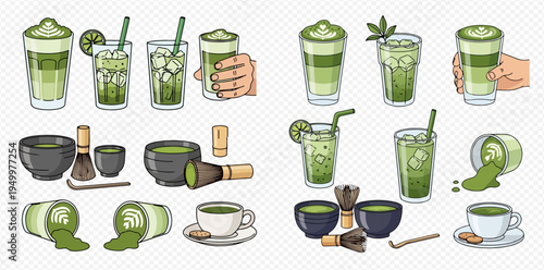 Matcha tea drinks and accessories set, including hot and iced matcha lattes, traditional bowls, and whisks.