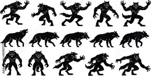 Werewolf silhouettes set mythical wolf monster creature transformation horror fantasy beast characters vector illustration collection isolated design
