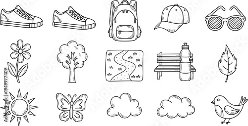 Collection of hand-drawn outdoor and nature icons for a summer adventure