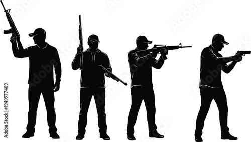 Armed men silhouettes set tactical soldiers holding rifles and handgun security military shooter vector illustration isolated collection