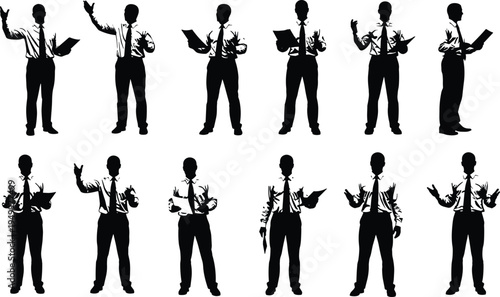Business presenter silhouette set with notebook showing speaking gestures presentation communication leadership training seminar isolated vector illustration collection