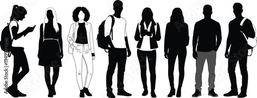 Students Standing Silhouettes with Backpacks Young People University College Teenagers Black and White Vector Illustration Education Lifestyle Collection