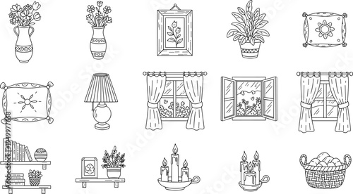 Cozy home interior elements in a charming hand-drawn doodle style