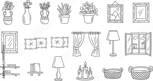 Collection of hand-drawn home decor items and furniture in a doodle art style