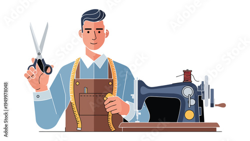 Crafting the Couture: A skilled artisan in a classic workshop, holding scissors and a measuring tape, stands poised next to a traditional sewing machine, ready to bring designs to life.