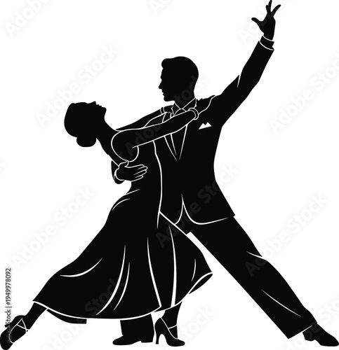 Elegant ballroom dancing couple silhouette performing romantic waltz pose isolated vector illustration representing classic dance, romance, performance and celebrationt
