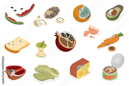Rotten damaged food set. Cartoon isolated bad fruit, vegetables and grocery products spoiled with mold. Remains of food. 3d isometric flat vector illustration on white background.