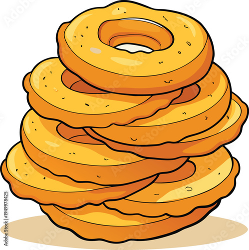 Stack of six cartoon bagels with a blue shadow on white