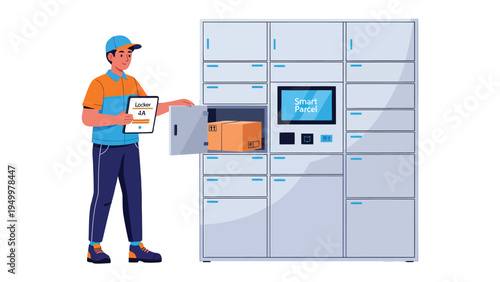 Smart Parcel Delivery: A delivery person accesses a package within an automated locker system, showcasing efficient and secure logistics, symbolizing modern convenience and streamlined services.