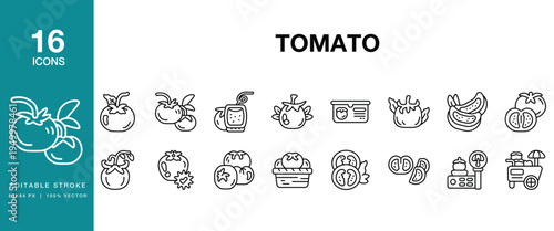 Tomato icon set. Includes tomato, tomatoes, fruit, red, fresh, ripe and More. Editable Stroke Icon Collection.