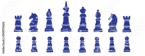 Indigo blue linocut chess piece vector set. Strategy game icons in block print style, rustic woodcut king, queen and pawn illustration. Hand drawn business strategy and competition concept art