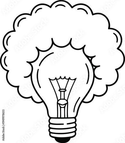 A simple black and white line art illustration of a light bulb surrounded by a large fluffy cloud