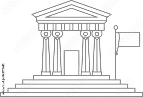 A minimalist line art illustration featuring a classical government building with a flying flag