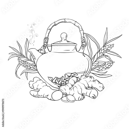 Ginger Tea in Teapot aroma beverage Outline Illustration. Vector isolated for Design and Decoration for Cafeteria, Posters, Banners, Cards.
