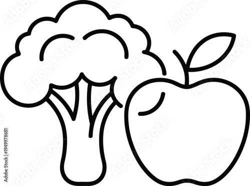 A simple black and white line art illustration featuring a fresh broccoli floret and an apple