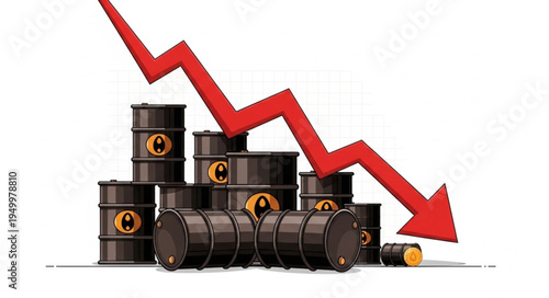Oil Price Decline - Barrels Stacked with a Red Downward Arrow.