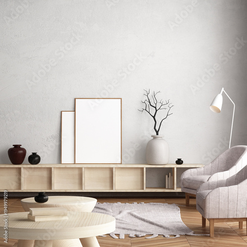 Scandinavian-style interior mockup with a chair, 
shelves, and posters. 3D illustration. 3D visualization.