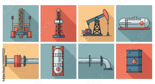 Oil and Gas Industry Icons - Drilling Rigs, Pumps, and Storage Tanks.