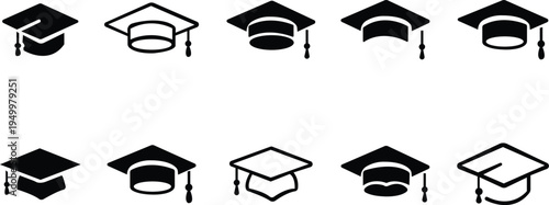 Graduation hat cap icons set. Academic cap. Graduation student black cap and diploma - stock vector. isolated on transparent background