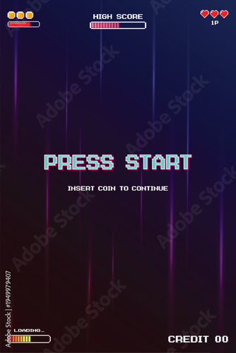 PRESS START. pixel art 8 bit. Retro Futurism Sci-Fi Background. glowing neon grid. and stars from vintage arcade computer games. Vertical Backgrounds