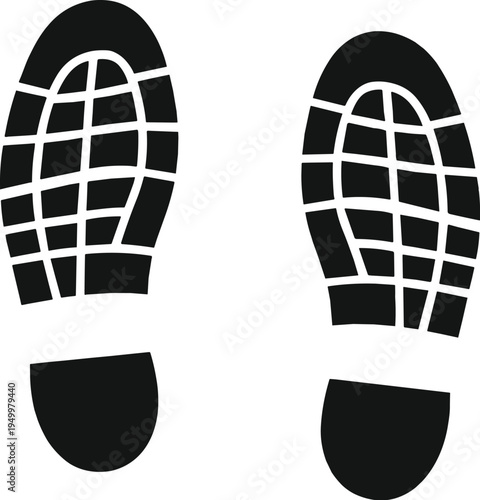Pair of black shoe prints, footwear tread pattern icons, standing position symbols, movement and tracking design elements, flat vector illustration