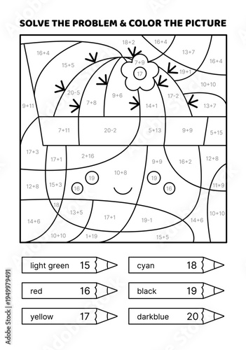 Solve the problem, color the picture. Kawaii cactus. Black and white. Coloring book. Addition, Subtraction. Coloring book. Isolated vector illustration eps 10