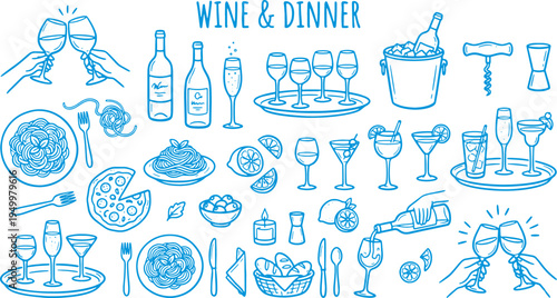 Wine and dinner icons including glasses bottles plates and utensils for restaurant or menu design