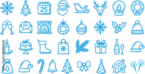 Christmas icons set including santa claus gifts and holiday symbols in blue lines on white background for festive designs