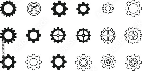 Collection of gear icons, mechanical engineering symbols, industrial machinery designs, teamwork process graphics, technology system elements, flat vector illustration