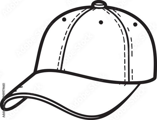 A black and white line drawing of a baseball cap with curved brim and button on top