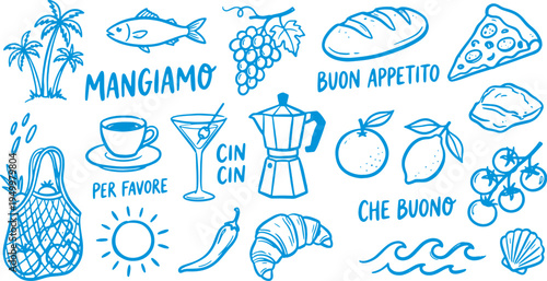 Italian food and drink icons with words illustrations of fruits pastries and coffee on white background